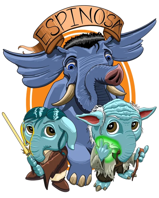 The Espinosa elephant with two baby elephants, one holding a glowing sword