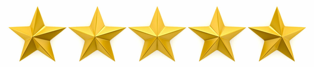 Five gold stars in a row representing a five-star rating