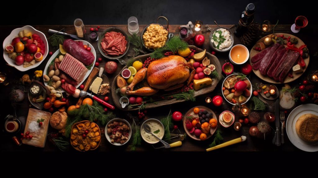 Overhead view of an elaborate charcuterie and roasted poultry spread with cured meats, fresh fruits, vegetables, cheeses, and prepared dishes on dark surface