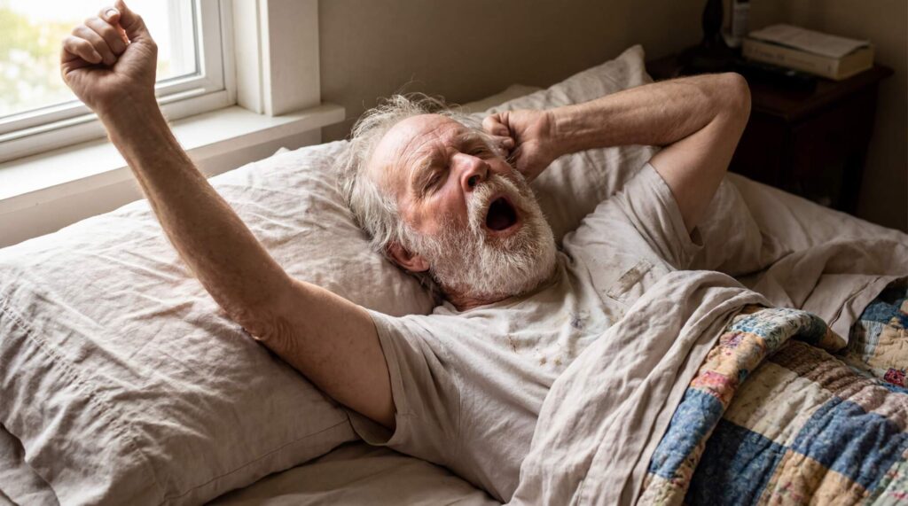 Older man waking up in bed with a yawn, one arm stretched above his head